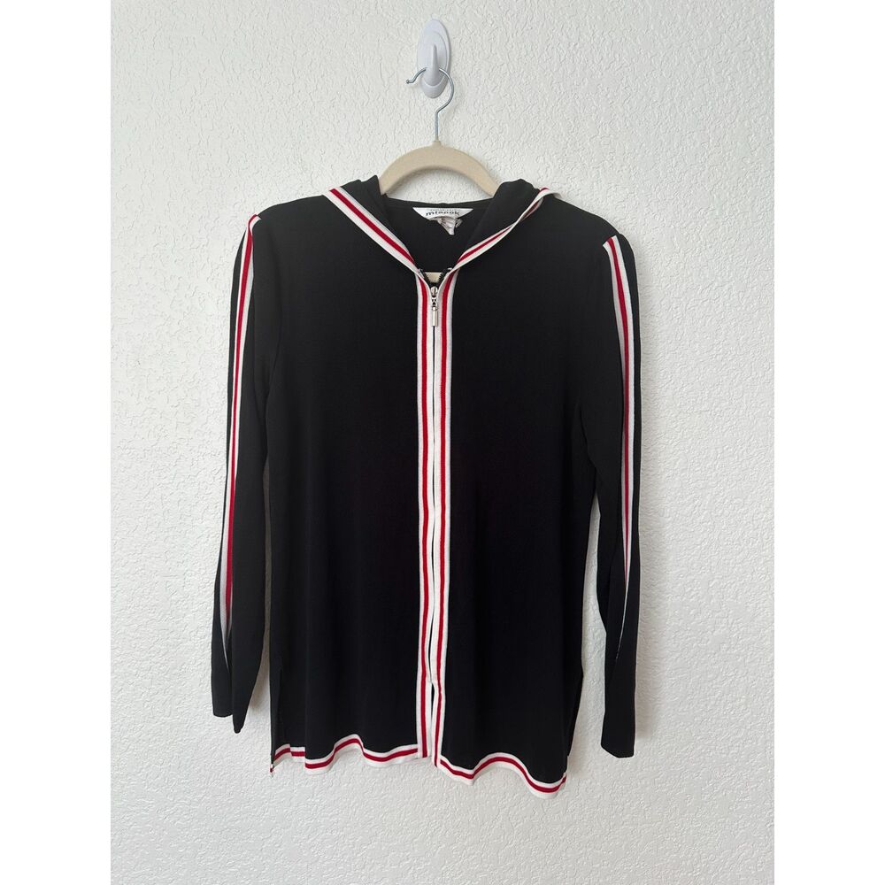 Exclusively Misook Black Hooded Zip Up Sweater Red White Trim Womens XS